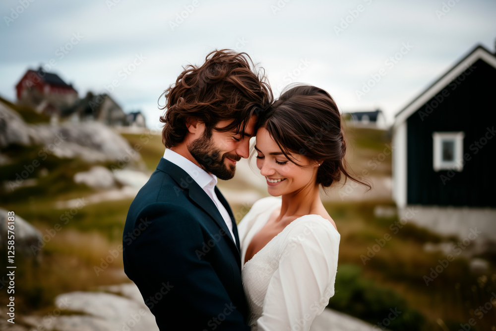 Romantic couple embracing in scenic countryside, groom in suit and bride in white dress. Wedding and love concept Romantic couple embracing in scenic countryside, groom in suit and bride in white dress. Wedding and love concept