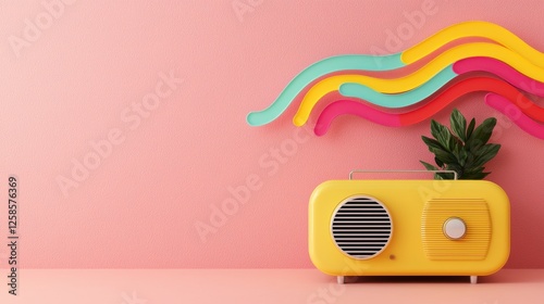 Women's Day  inspiration voice style. Colorful retro radio with vibrant decor and a plant against a pink background.