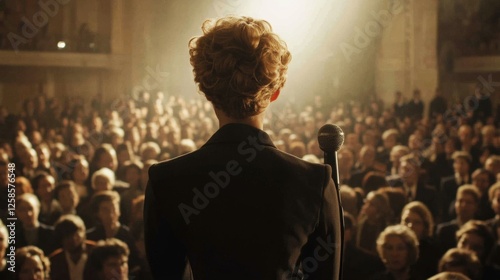 A blonde haired woman gives a speech to a large audience, standing on stage with confidence. The crowd listens attentively, creating a dynamic public speaking atmosphere photo