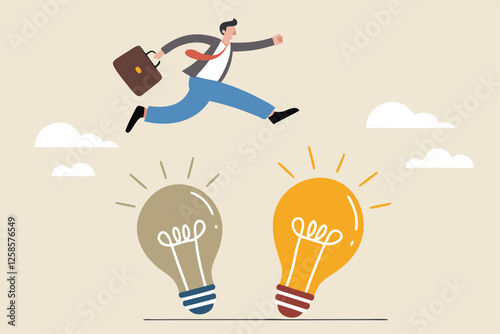 Business transformation, change management or transition to better innovative company, improvement and adaptation to new normal concept, smart businessman jump from old to new shiny lightbulb idea.