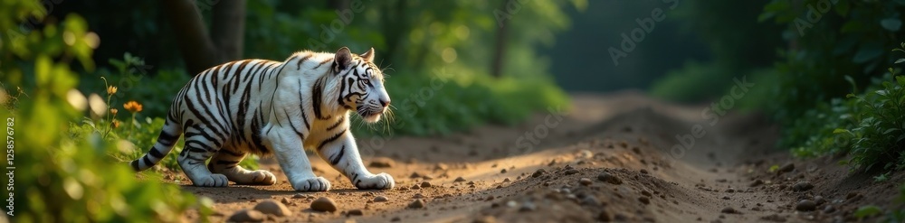 Fototapeta premium White tiger crouched low to ground with front paws extended , nature, animal