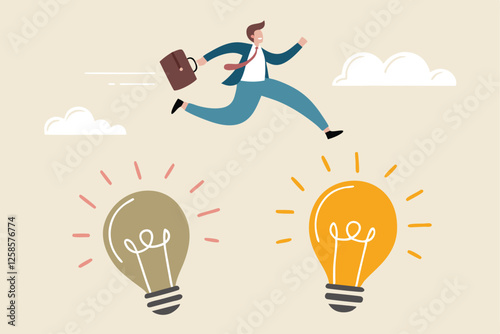 Business transformation, change management or transition to better innovative company, improvement and adaptation to new normal concept, smart businessman jump from old to new shiny lightbulb idea.