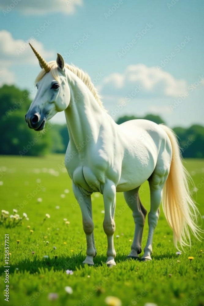 White unicorn mare with soft flowing mane and tail in a lush green meadow, serene, landscape, nature