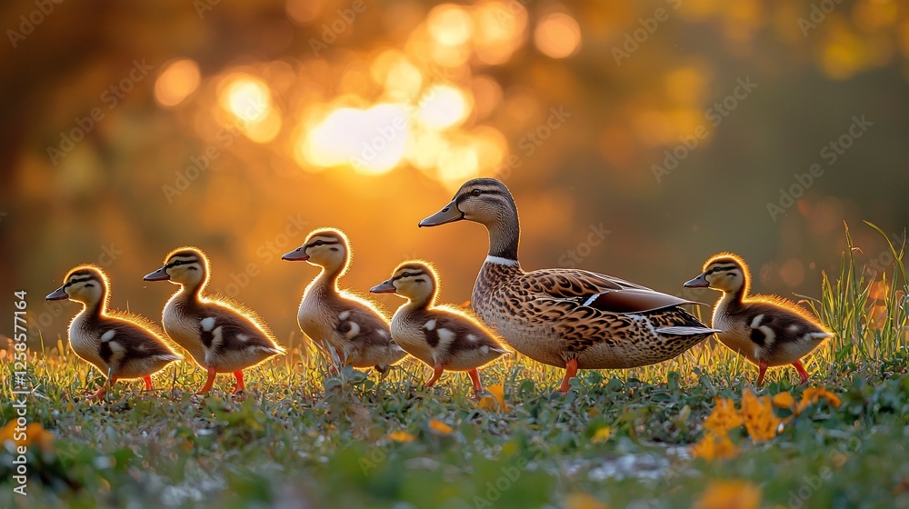 Mother duck leading her ducklings through a vibrant sunset-lit meadow with flowers Mother duck leading her ducklings through a vibrant sunset-lit meadow with flowers