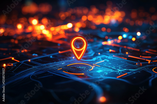 Futuristic Location Marker on a Digital Cityscape at Night, network connection, vibrant orange and blue light trails and bokeh, Effective Business Planning and Development Strategy Concept, Copy space
