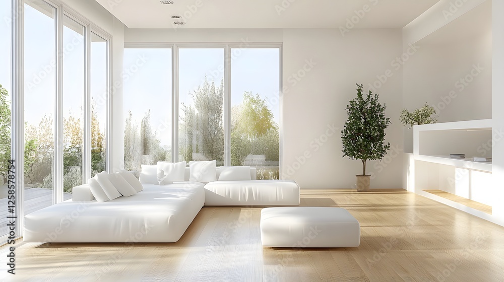 Fototapeta premium Minimalist Living Room Design with Sleek White Furniture and Light