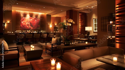 Elegant modern living space with comfortable seating, sophisticated decor, and warm ambient lighting