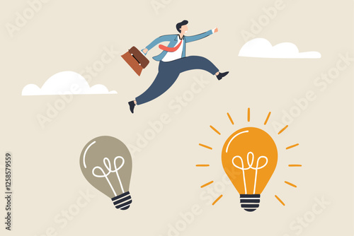 Business transformation, change management or transition to better innovative company, improvement and adaptation to new normal concept, smart businessman jump from old to new shiny lightbulb idea.