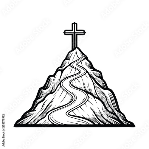 A majestic mountain summit crowned by a weathered wooden cross, signifying faith and spiritual ascension against a dramatic sky.