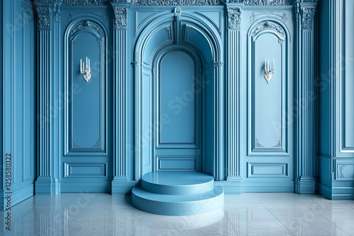 Serene Blue Room  Elegant blue paneling and ornate architectural details create a sophisticated and serene atmosphere in this interior design photograph. A simple.