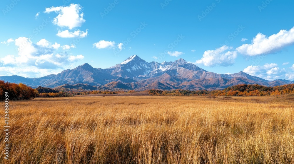Obraz premium Autumnal mountain vista, golden meadow, clear sky