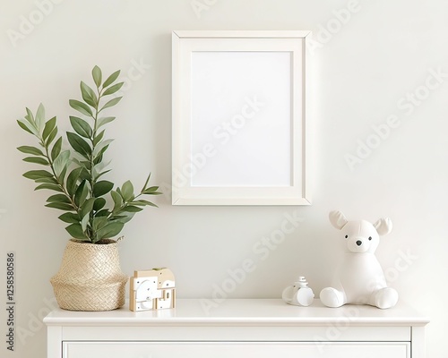 Charming dresser display with white frame and plush animals cozy home interior design bright atmosphere minimalist view