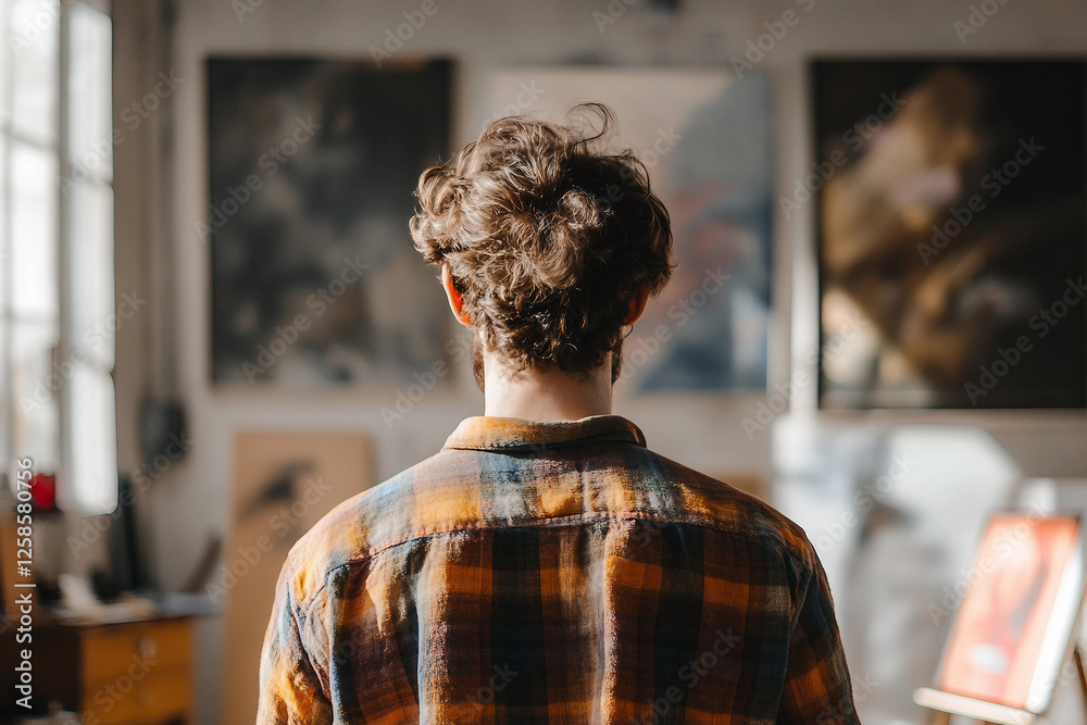 Fototapeta premium Generative AI depiction of a focused artist painting a vibrant canvas in a creative studio
