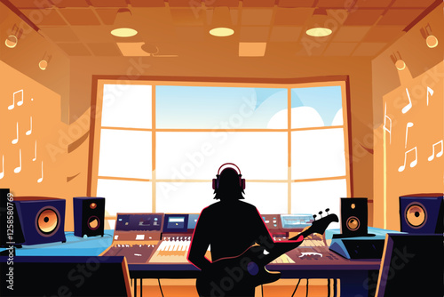 A vibrant music studio scene a musician passionately plays an electric guitar, surrounded by recording equipment and instruments.  Warm lighting illuminates the space.