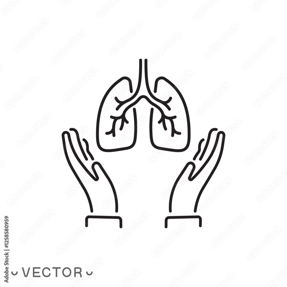 lung care icon, save human lung, respiratory health, care thin line symbol concept isolated on white background, editable stroke eps 10 vector illustration lung care icon, save human lung, respiratory health, care thin line symbol concept isolated on white background, editable stroke eps 10 vector illustration