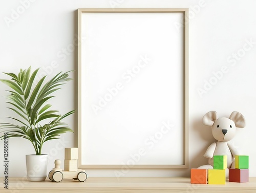 Minimalist white poster frame mockup on wooden toy shelf playroom decor indoor environment aesthetic design