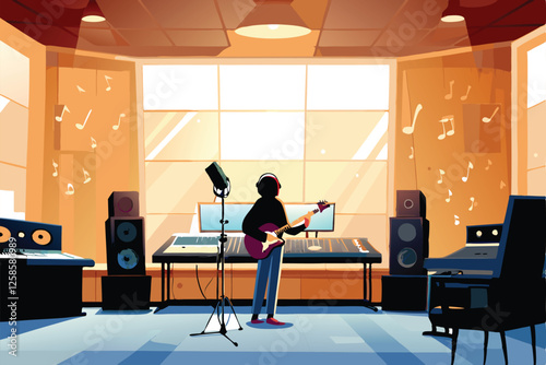 A vibrant music studio scene featuring a musician passionately playing an electric guitar, illuminated by studio lights.