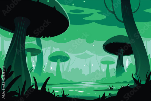 Eerie, fog-shrouded swamp landscape featuring colossal, bioluminescent mushrooms; mysterious, atmospheric scene.