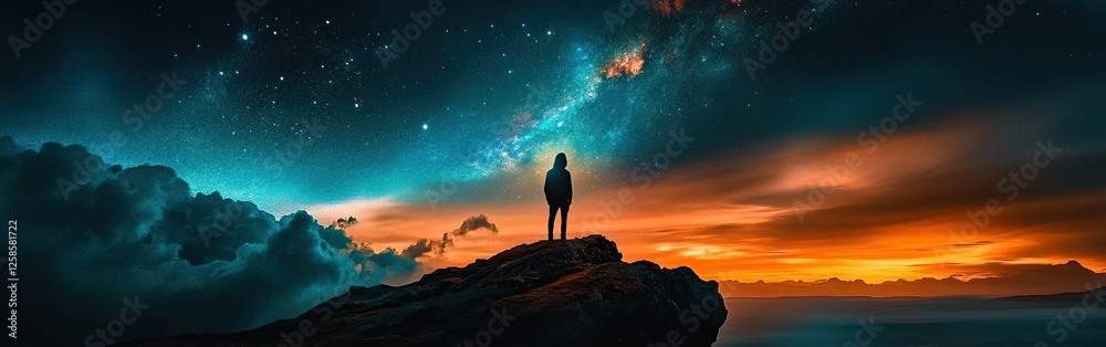 A lone figure gazes at a cosmic sunset. A lone figure gazes at a cosmic sunset.