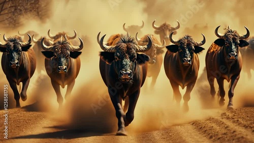 Wild buffalo stampede through dusty terrain in the afternoon light