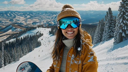Smiling snowboarder in a mustard-yellow jacket on a snowy mountain. The rise of adventure tourism, outdoor wellness, and sustainability in winter sports culture.