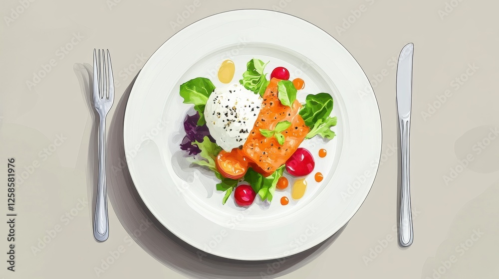 Flat lay of a gourmet salad on a white plate with a fork arranged elegantly on a wooden table Flat lay of a gourmet salad on a white plate with a fork arranged elegantly on a wooden table