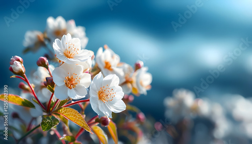 white flowers on blue sky background, Close-Up Of Vibrant White Flowers With Golden Centers