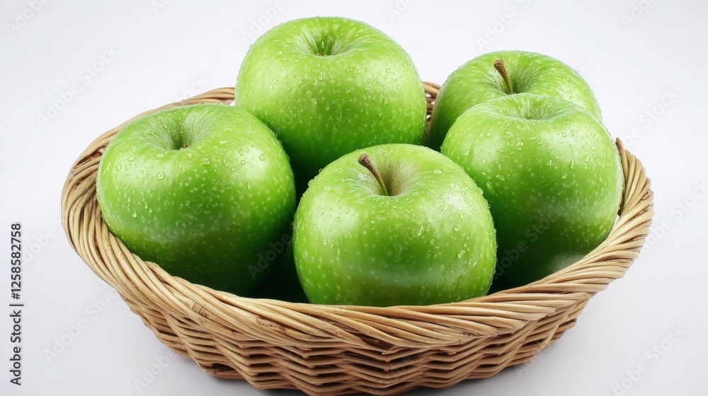 Basket filled with fresh green apples arranged neatly on a wooden surface with natural lighting Basket filled with fresh green apples arranged neatly on a wooden surface with natural lighting