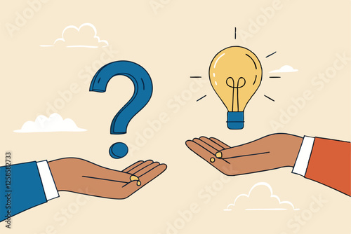 Question and answer, solving problem or business solution, ask for reply or idea to solve difficulty and trouble, FAQ concept, businessman hand holding question mark with other reply with lightbulb.