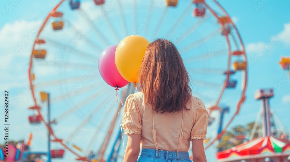 Fototapeta premium A young woman stands with colorful balloons, gazing at a vibrant ferris wheel at a lively fairground, symbolizing joy and carefree moments.
