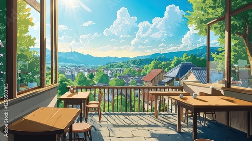 A view of the village and mountains  seen from the balcony of a cafe. Anime style illustration