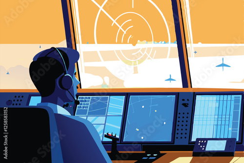 An air traffic controller intently monitors radar screens, tracking multiple flight paths in a busy air traffic control tower.