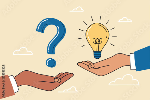 Question and answer, solving problem or business solution, ask for reply or idea to solve difficulty and trouble, FAQ concept, businessman hand holding question mark with other reply with lightbulb.