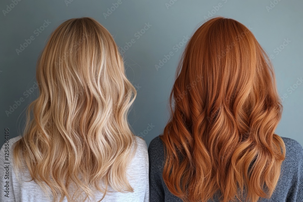 Naklejka premium Hairdressers showing the result of their coloring work on two models with long and wavy hair