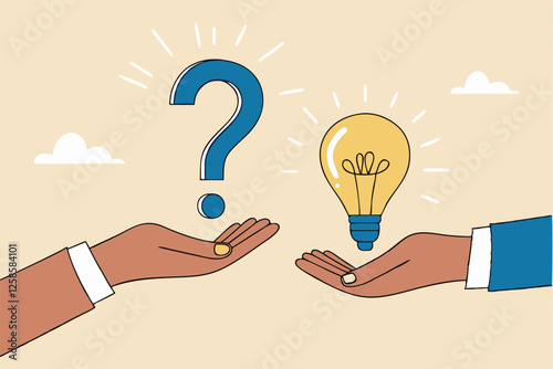 Question and answer, solving problem or business solution, ask for reply or idea to solve difficulty and trouble, FAQ concept, businessman hand holding question mark with other reply with lightbulb.