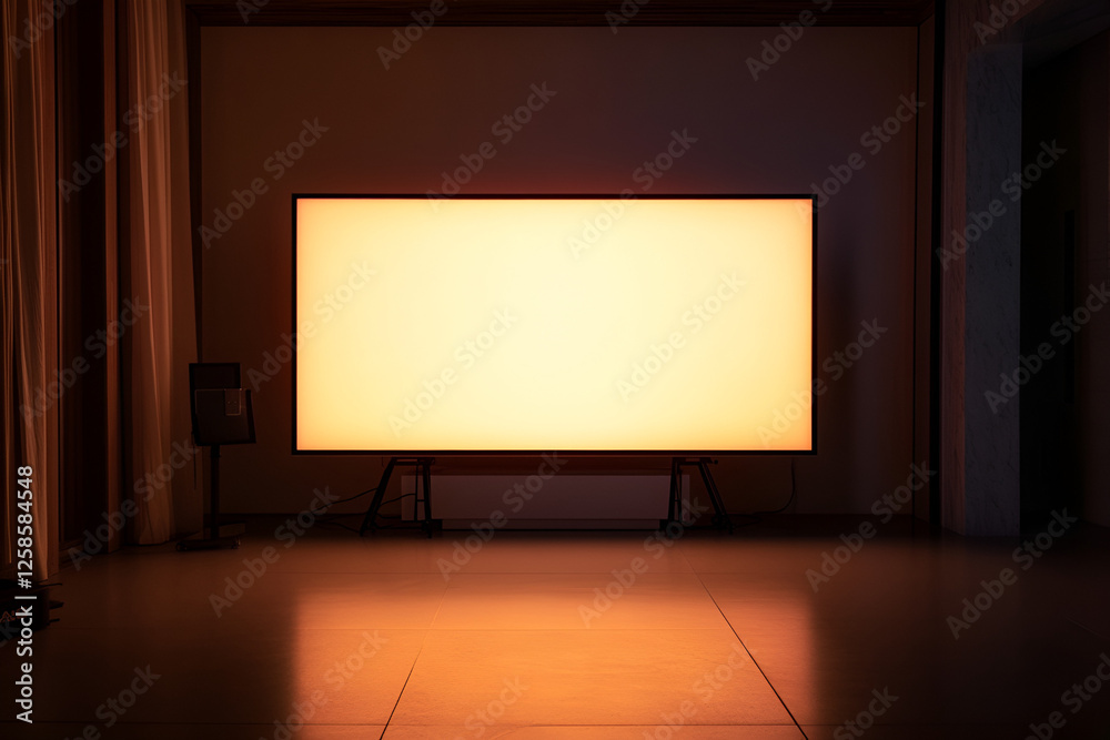 Ambient Home Theater: A large, blank screen emits a warm, inviting glow in a dimly lit home theater setting, promising immersive cinematic experiences. The scene is serene. Ambient Home Theater: A large, blank screen emits a warm, inviting glow in a dimly lit home theater setting, promising immersive cinematic experiences. The scene is serene.