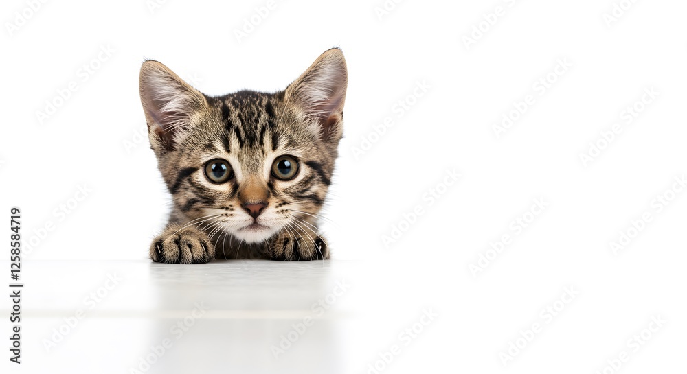 Obraz premium Cute Tabby Kitten Peeking Over Edge with Curious Expression Isolated