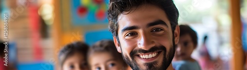 A joyful man smiling broadly in a vibrant environment, surrounded by children photo