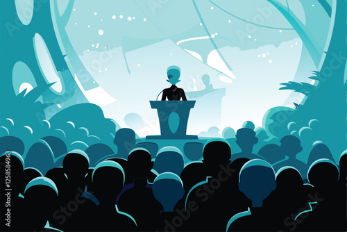 A charismatic alien leader, with iridescent skin and three eyes, delivers an inspiring speech to a diverse, captivated crowd of different alien species.