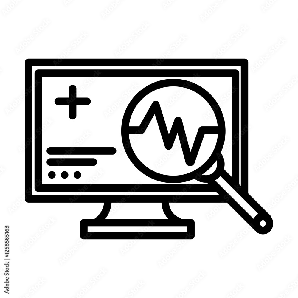 computer monitor with magnify glass and medical symbol computer monitor with magnify glass and medical symbol