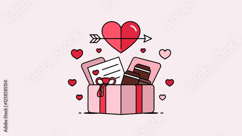 A Valentine’s Day gift box with a bow, chocolates, and a love letter, accompanied by floating hearts.