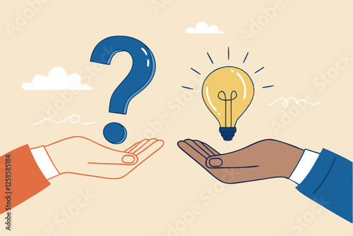 Question and answer, solving problem or business solution, ask for reply or idea to solve difficulty and trouble, FAQ concept, businessman hand holding question mark with other reply with lightbulb.