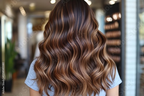 Woman showcasing her long, flowing brown hair with caramel highlights in a salon environment, highlighting the beauty and style achieved through professional hairdressing