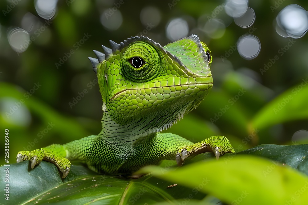 A bright green chameleon resting on a leafy branch, its eyes scanning the surroundings, set against a blurred tropical forest backdrop A bright green chameleon resting on a leafy branch, its eyes scanning the surroundings, set against a blurred tropical forest backdrop