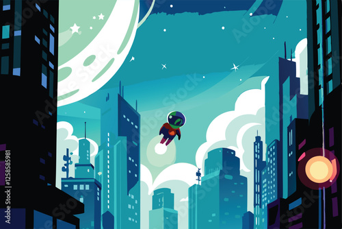 A vibrant alien, sleek jetpack blazing, soars above a gleaming futuristic city at sunset.  Detailed, cinematic lighting.