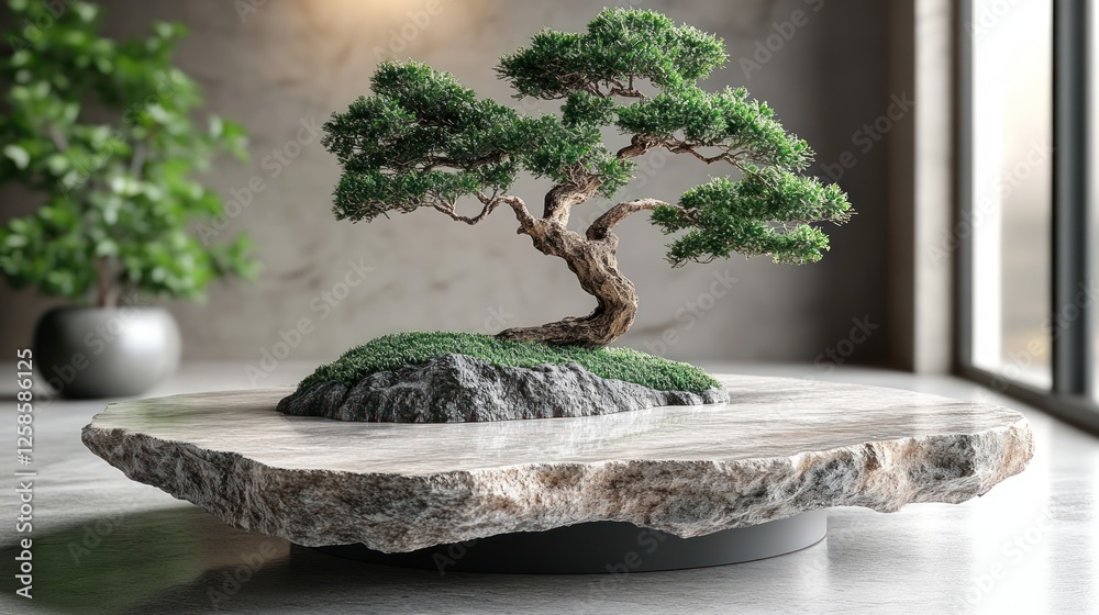 Modern Bonsai Display on Marble Rock Base in Interior Scene Modern Bonsai Display on Marble Rock Base in Interior Scene