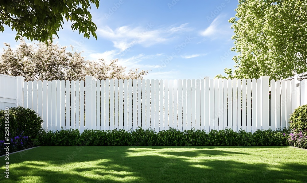 Fototapeta premium A White wooden garden fence in the backyard and lawn.,