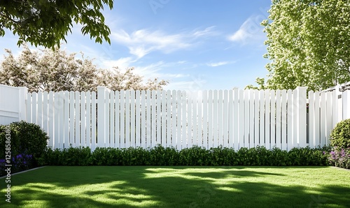 A White wooden garden fence in the backyard and lawn.,