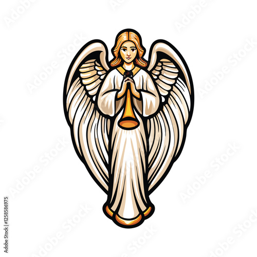 A majestic angel, wings outstretched, holds a golden trumpet aloft, poised to announce heavenly tidings.  Focus on dramatic lighting and celestial background.