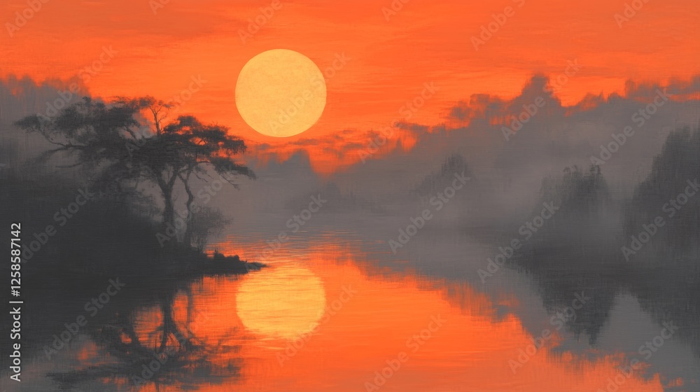 Serene sunset over a tranquil lake, reflecting a vibrant orange sky and a large sun. A silhouette of a tree stands on the lakeshore. Serene sunset over a tranquil lake, reflecting a vibrant orange sky and a large sun. A silhouette of a tree stands on the lakeshore.
